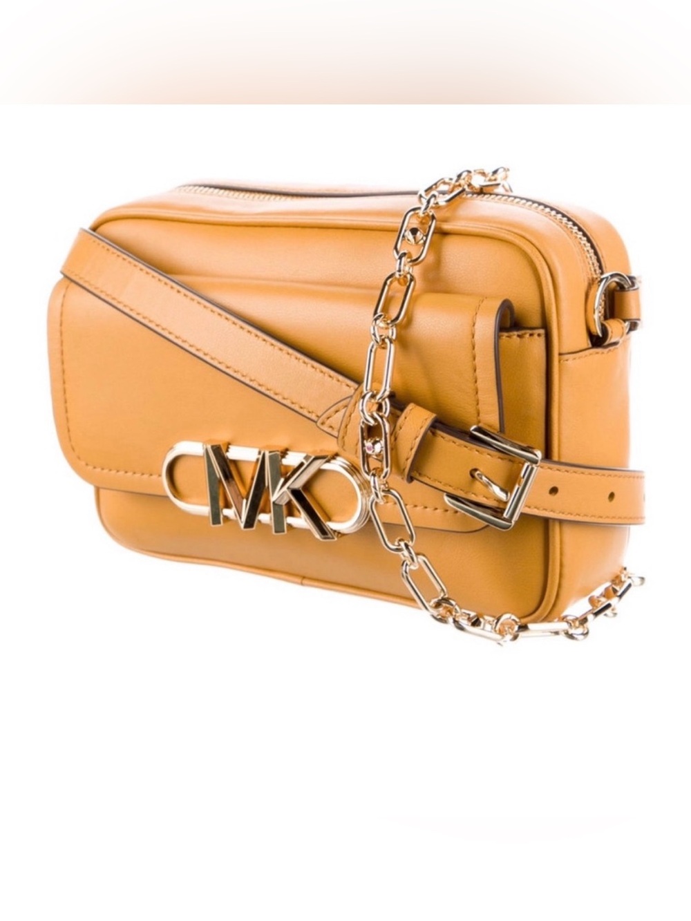 Michael Kors Camel Leather Crossbody with Gold Chain and MK Logo